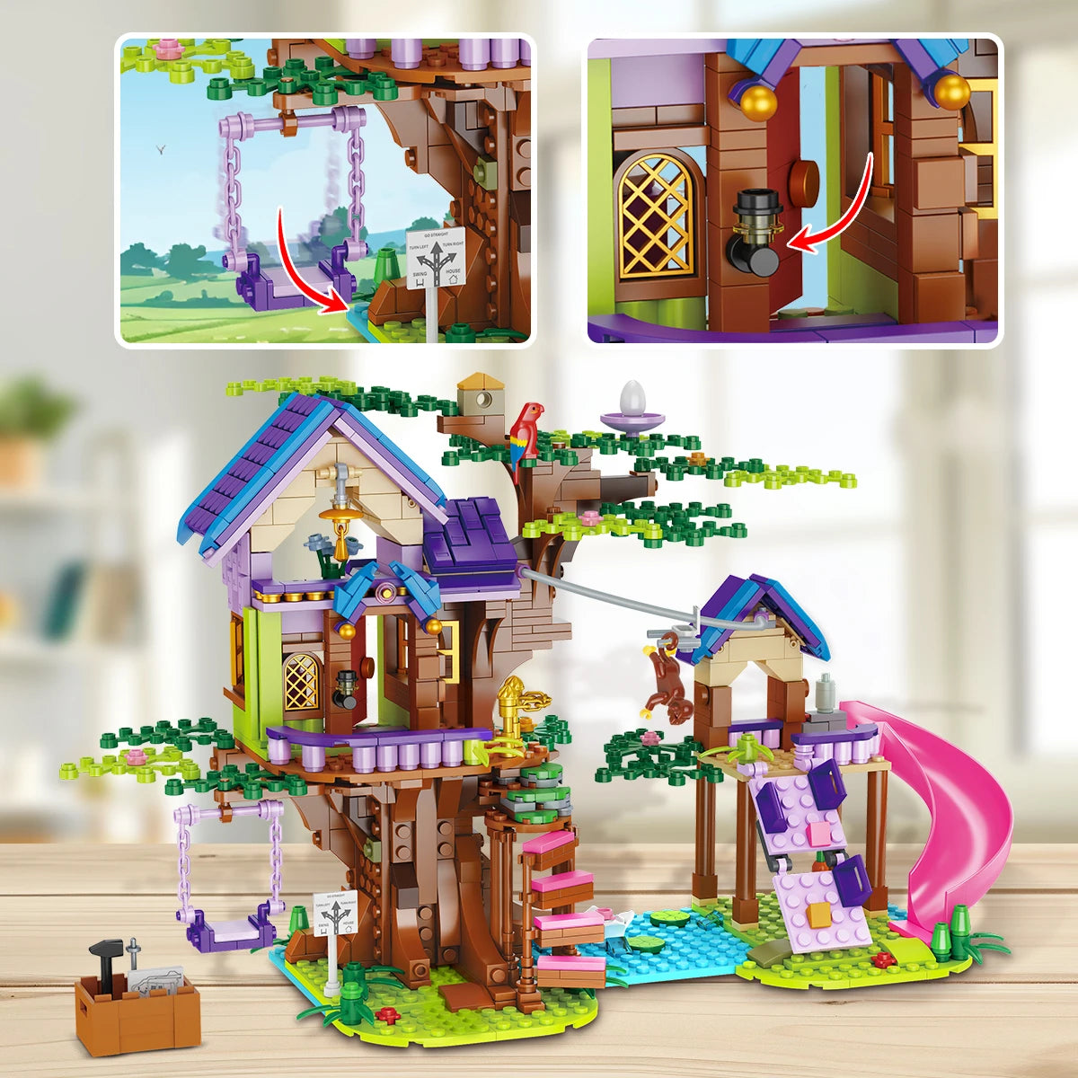 HOGOKIDS Tree House Building Toy with LED Light 751 PCS Treehouse  with Slides Swing Animals Building Block Set