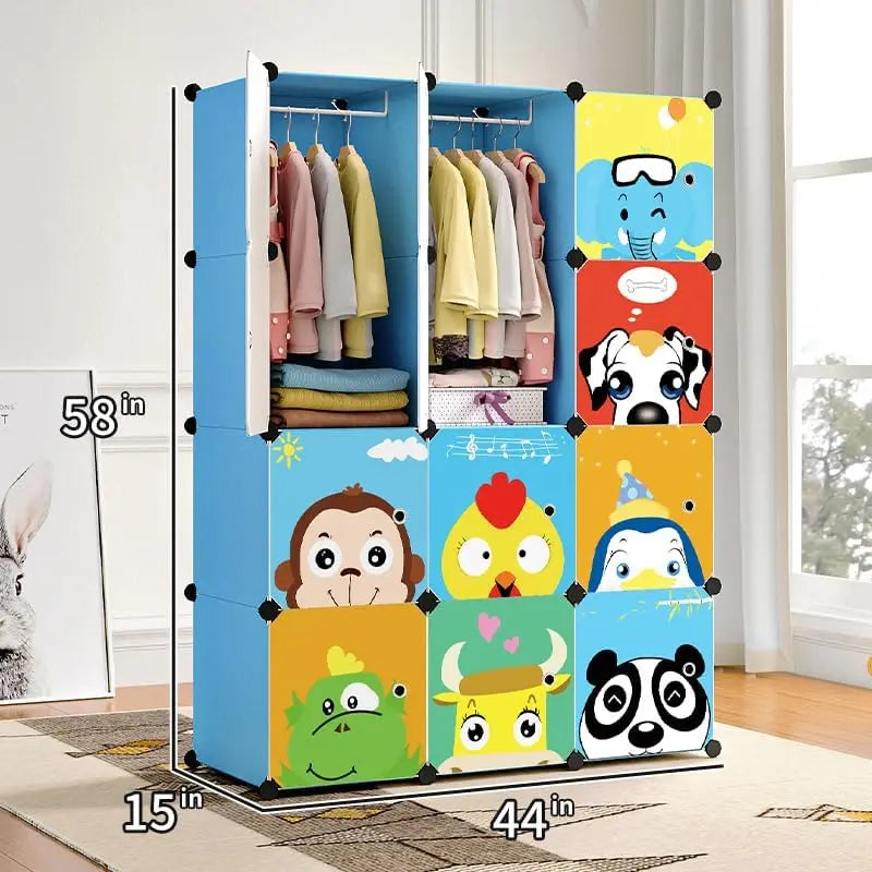 MAGINELS Kids Closet,Baby Wardrobe Closet with Door,Cute Portable Armoire Dresser,Clothes Hanging Storage Rack for Boy Bedroom,B