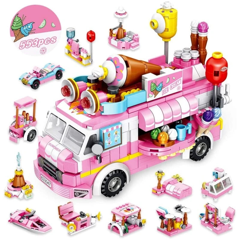 Pink Friendship Ice Cream Truck Street View Dining Car Mini Building Blocks Food Snacks Shop Bricks Toys Gift For Girls