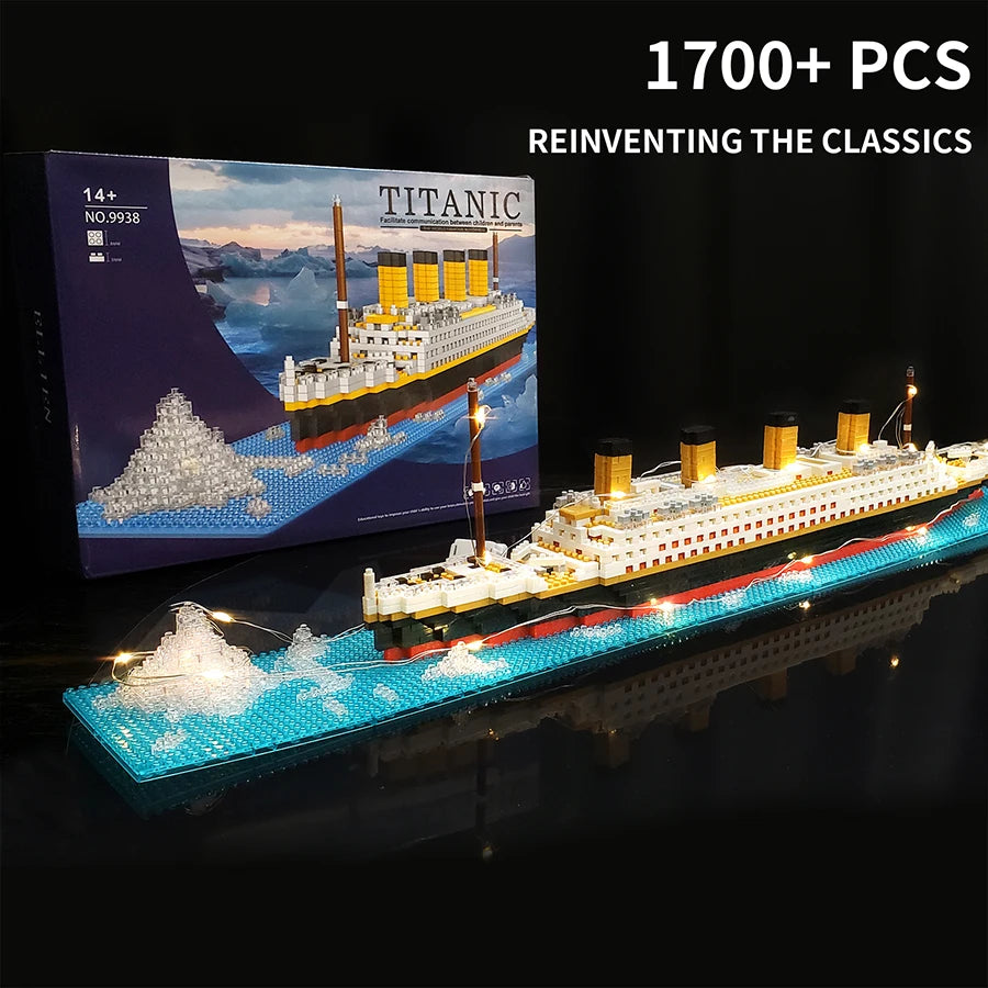 Lighting version of Titanic 1700+ micro-particle assembly building blocks Micro small particles are assembled into the big ship