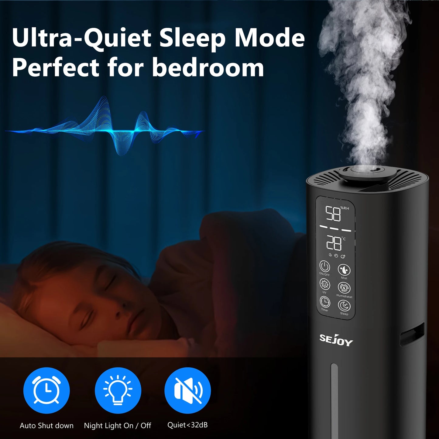 Sejoy Air Humidifier Large Room Bedroom Cool Mist Air 8L/2.11 Gallon Top Fill Remote Control 360° Nozzle For Baby Office Bedroom