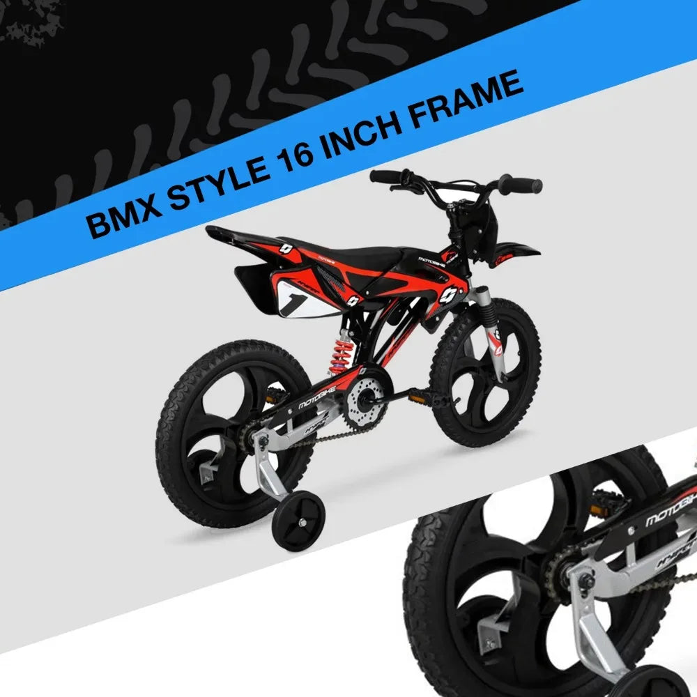 2024  New 16" Kids Unisex Moto Bike, Mag Wheels Including Training Wheels, Black/Red, Ages 5 To 7 Years