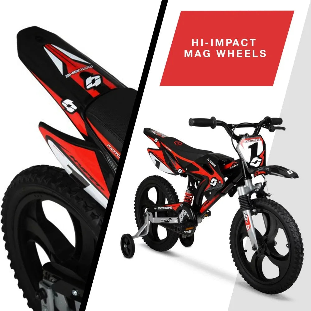 2024  New 16" Kids Unisex Moto Bike, Mag Wheels Including Training Wheels, Black/Red, Ages 5 To 7 Years