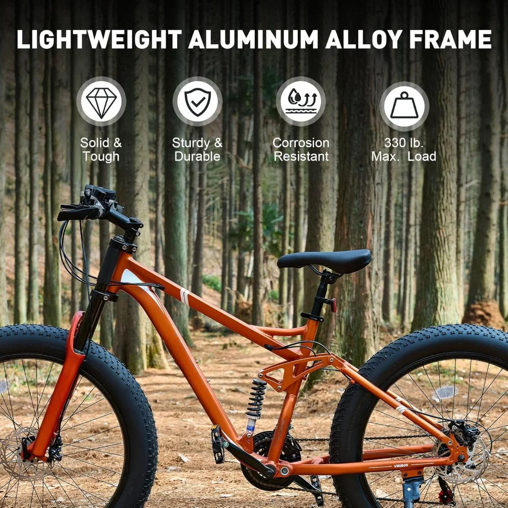 Fat tire bike, full suspension, 21-speed aluminum frame, 26x4.0" mountain bike, gloves and lights,with front and rear suspension