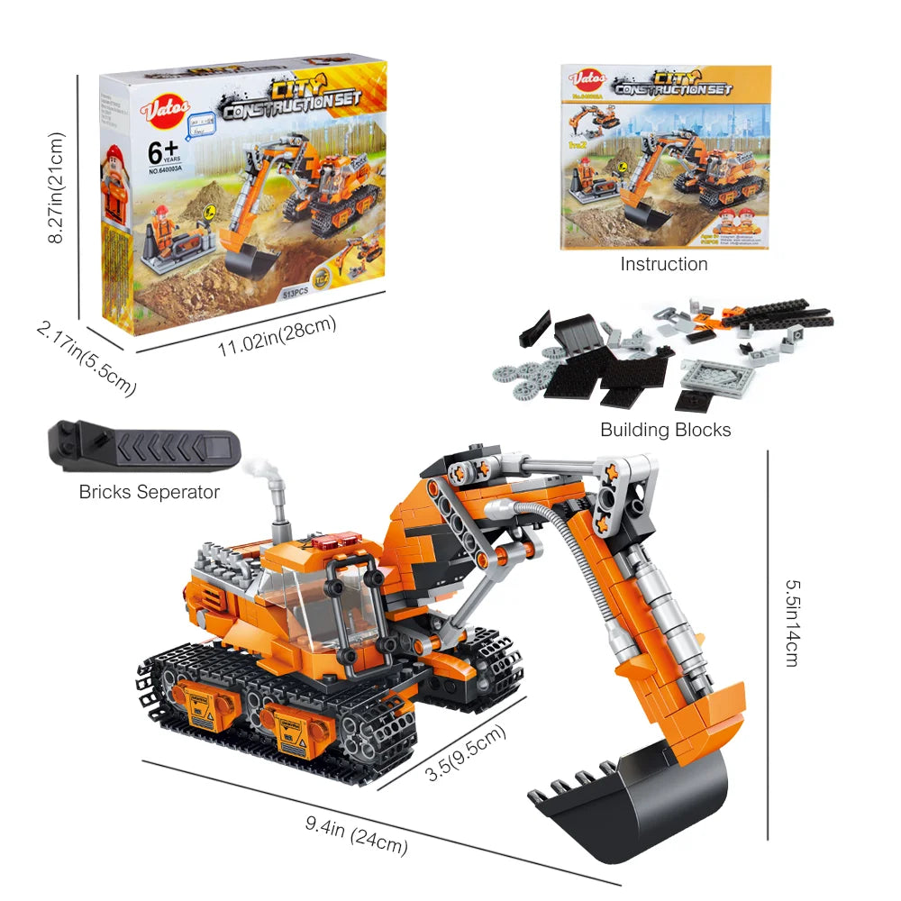 VATOS 2 in 1 Excavator or Drilling Car Building Block Toys Building Bricks Kit Excavator Toy for Kids