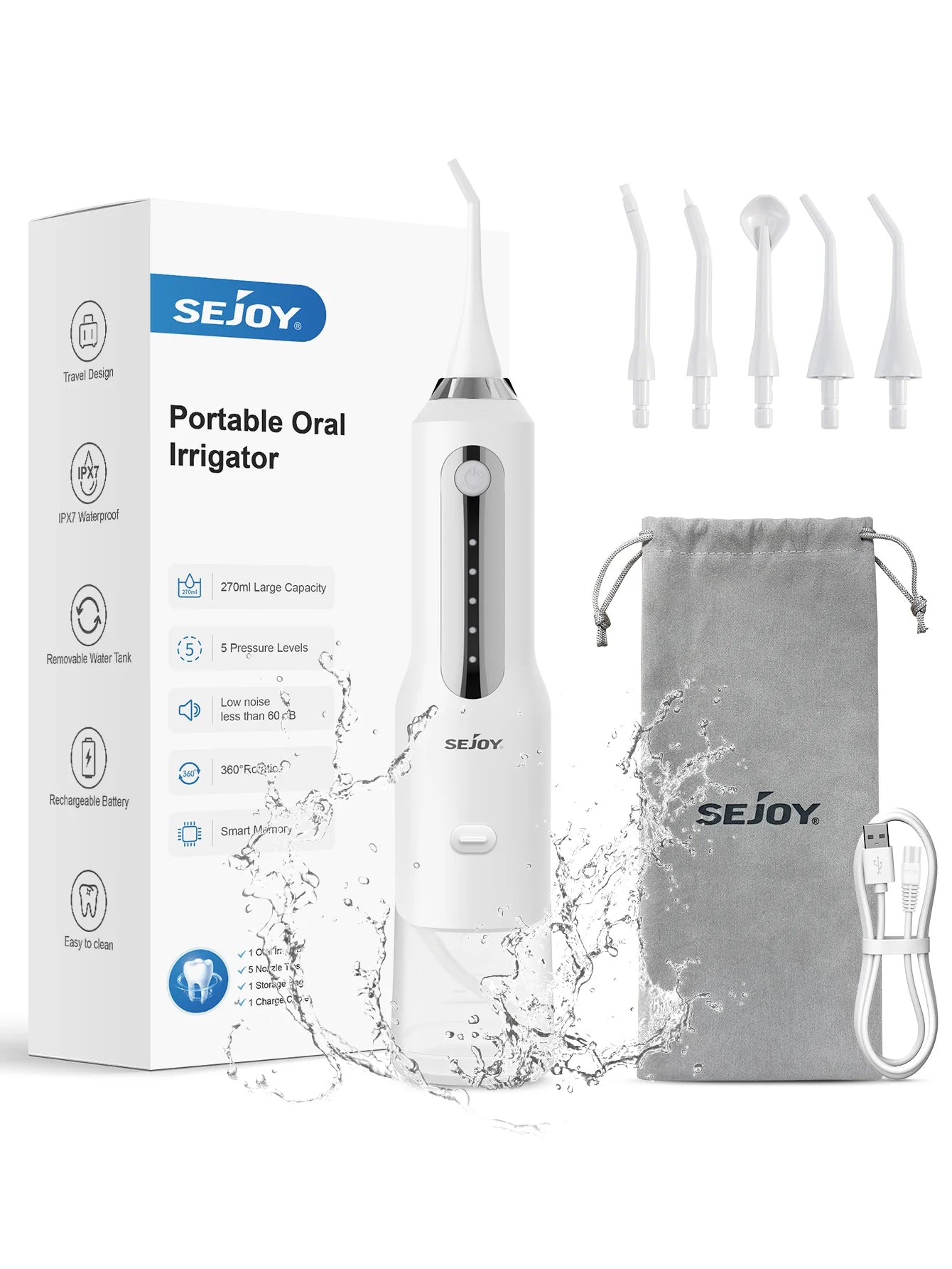 Sejoy Water Flosser Teeth Cleaner, Rechargeable Waterproof Portable Cordless Dental Oral Irrigator, Water flossers for Teeth