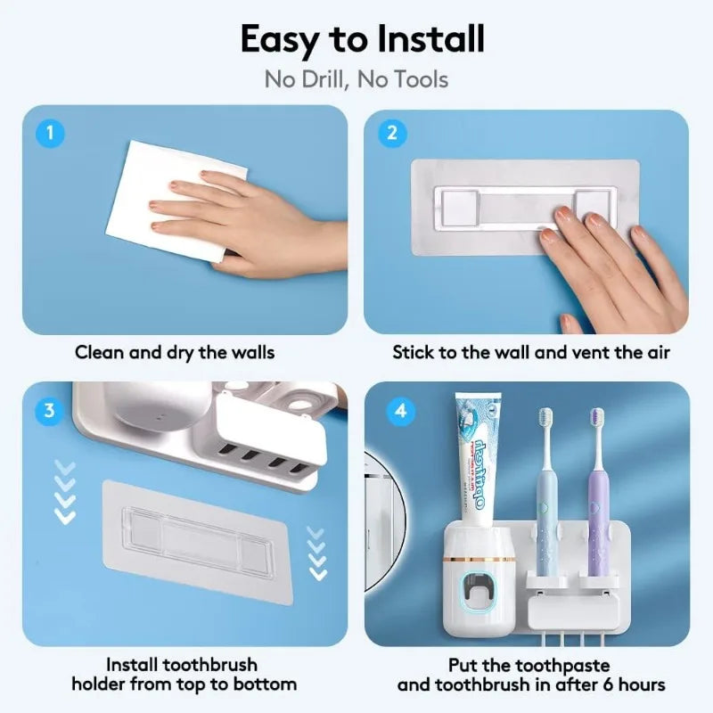 Toothpaste Dispenser, Space-Saving Toothbrush Holder Wall Mounted for Bathroom, Toothpaste Squeezer, with 4 Toothbrush Slots