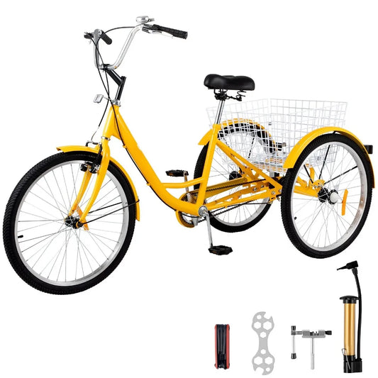 2024 New 3 Wheel Adult Tricycle 24'' Yellow Trike Bicycle Bike with Large Basket for Riding