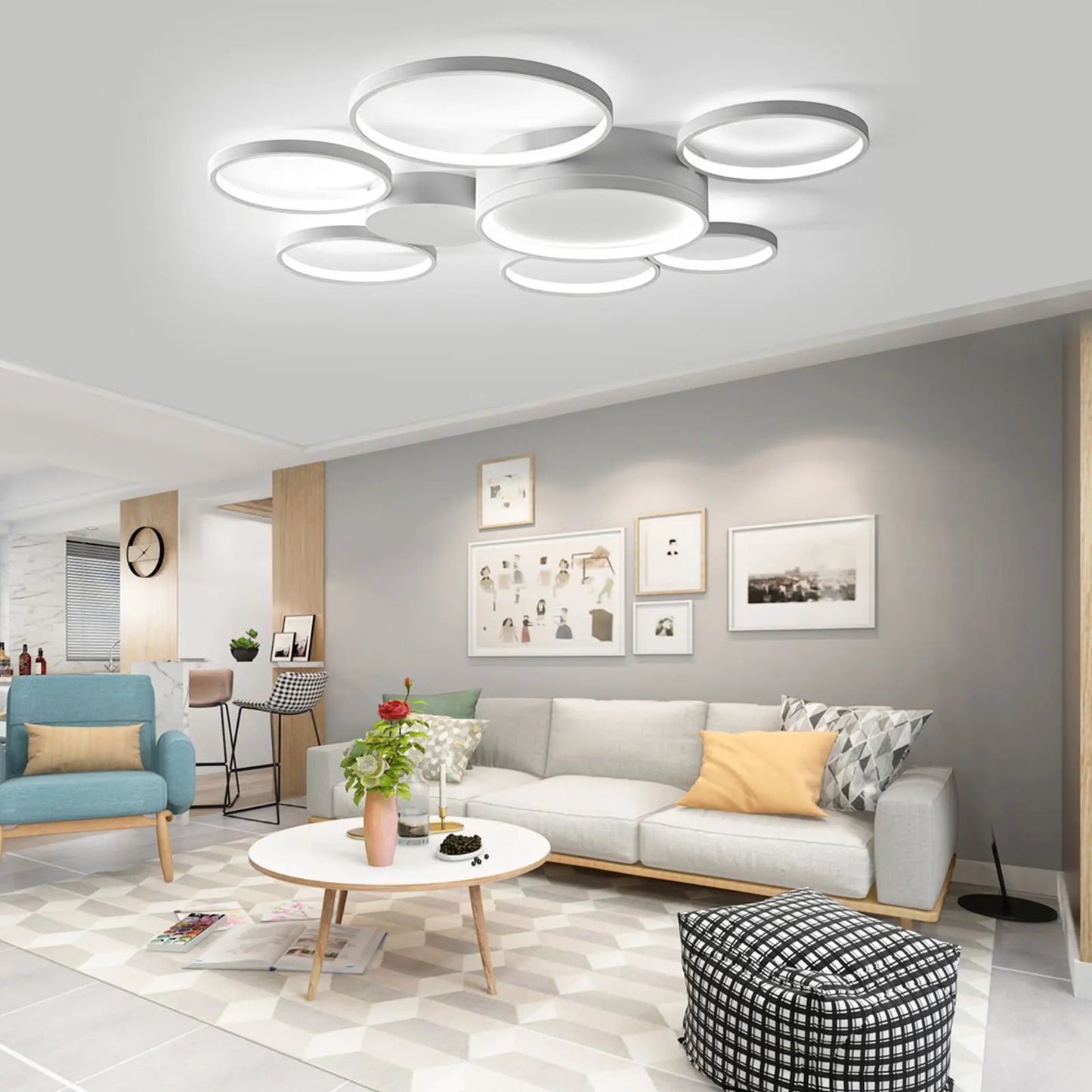 Modern Minimalist Black/White 7 Rings Flush Mount LED Ceiling Light with Remote Control for Living Room Bedroom