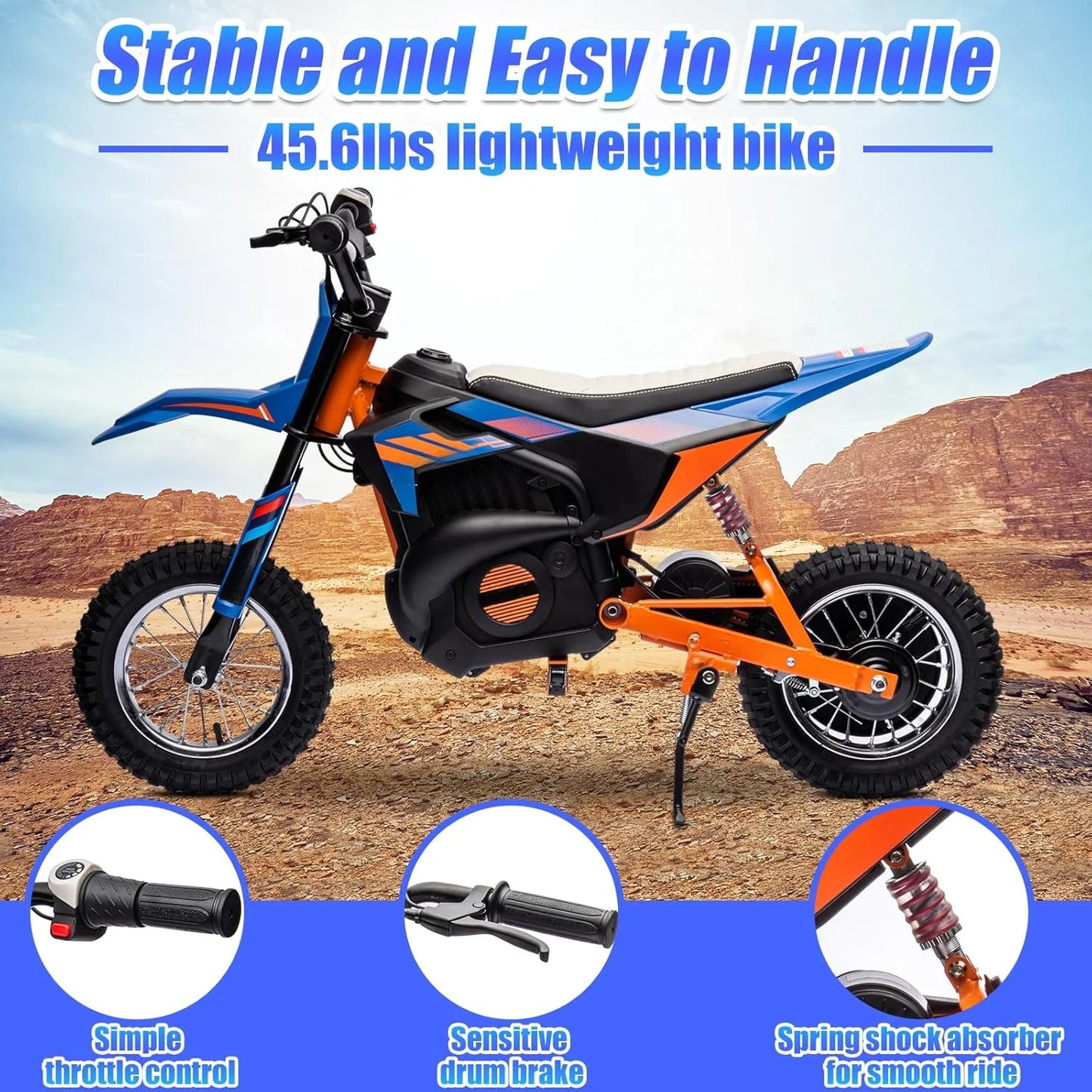 Electric Dirt Bike for Kids,24VElectric Motorcycle,8-9Miles Range,Pneumatic Knobby Tires,Rear Spring Suspension,Chain Protective