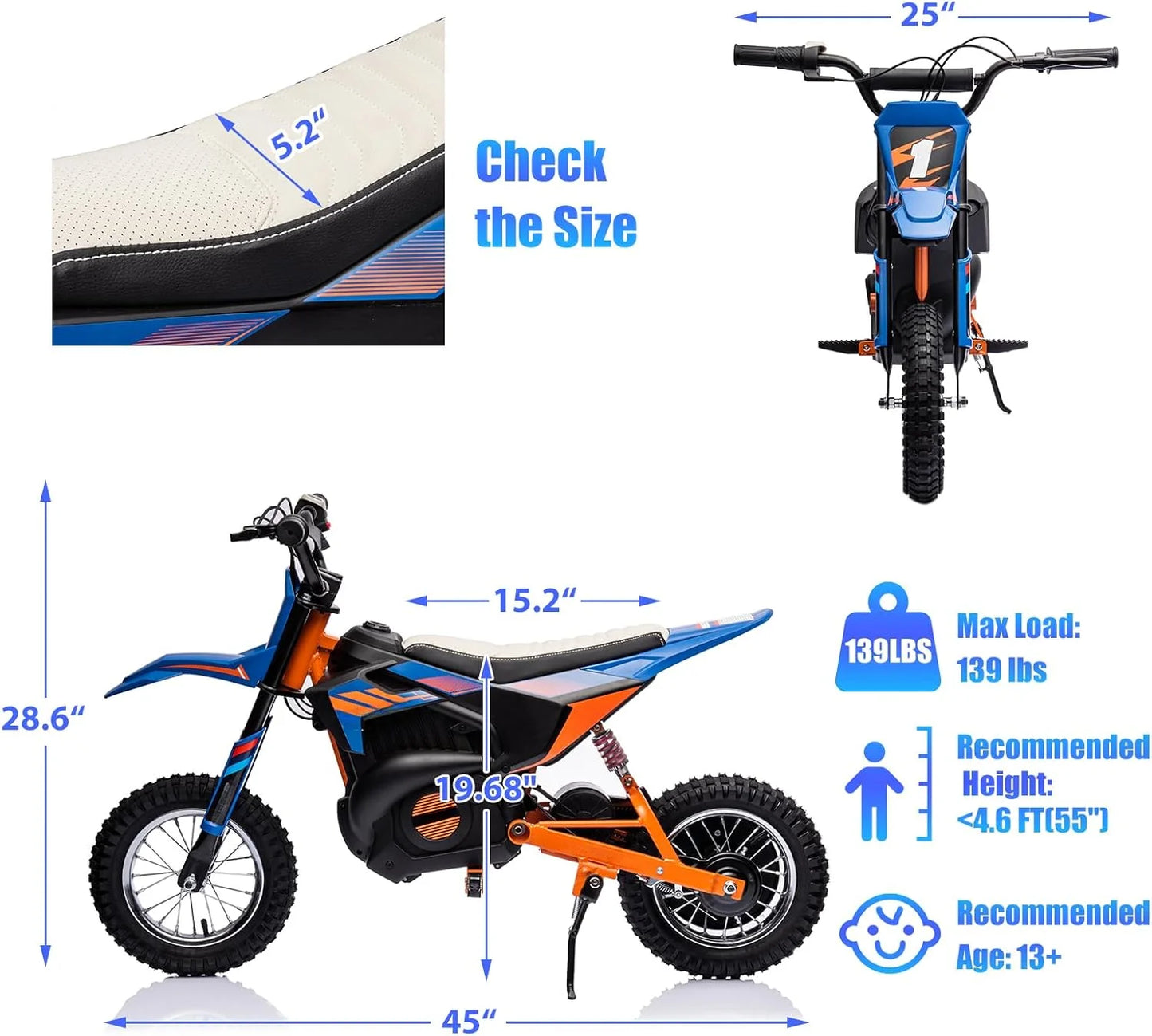 Electric Dirt Bike for Kids,24VElectric Motorcycle,8-9Miles Range,Pneumatic Knobby Tires,Rear Spring Suspension,Chain Protective