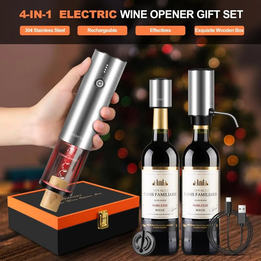 Electric Wine Openers Set with Wooden Case,One-click Automatic Electric Wine Bottle Opener Set,2in1 Wine Aerator&Pourer