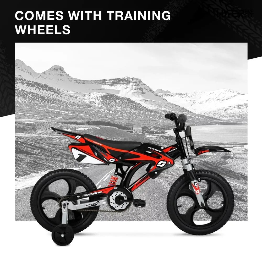 2024  New 16" Kids Unisex Moto Bike, Mag Wheels Including Training Wheels, Black/Red, Ages 5 To 7 Years