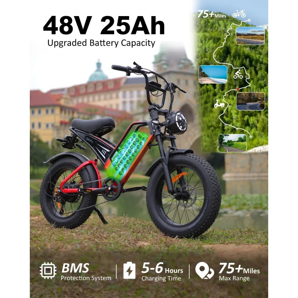 2000W Electric Bike for Adults, 48V 25Ah Removable Battery, Up to 35MPH 75+ Miles Range,7-Speed Transmission,20" Fat Tires Ebike