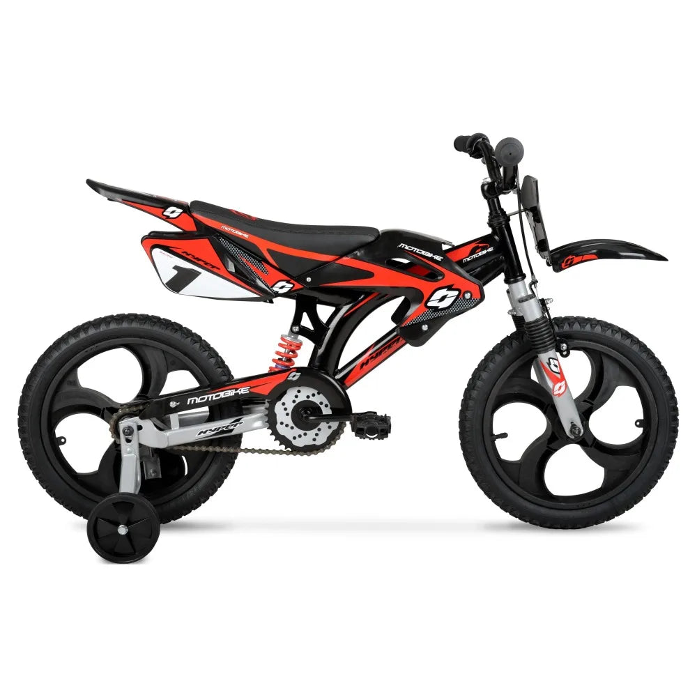 2024  New 16" Kids Unisex Moto Bike, Mag Wheels Including Training Wheels, Black/Red, Ages 5 To 7 Years