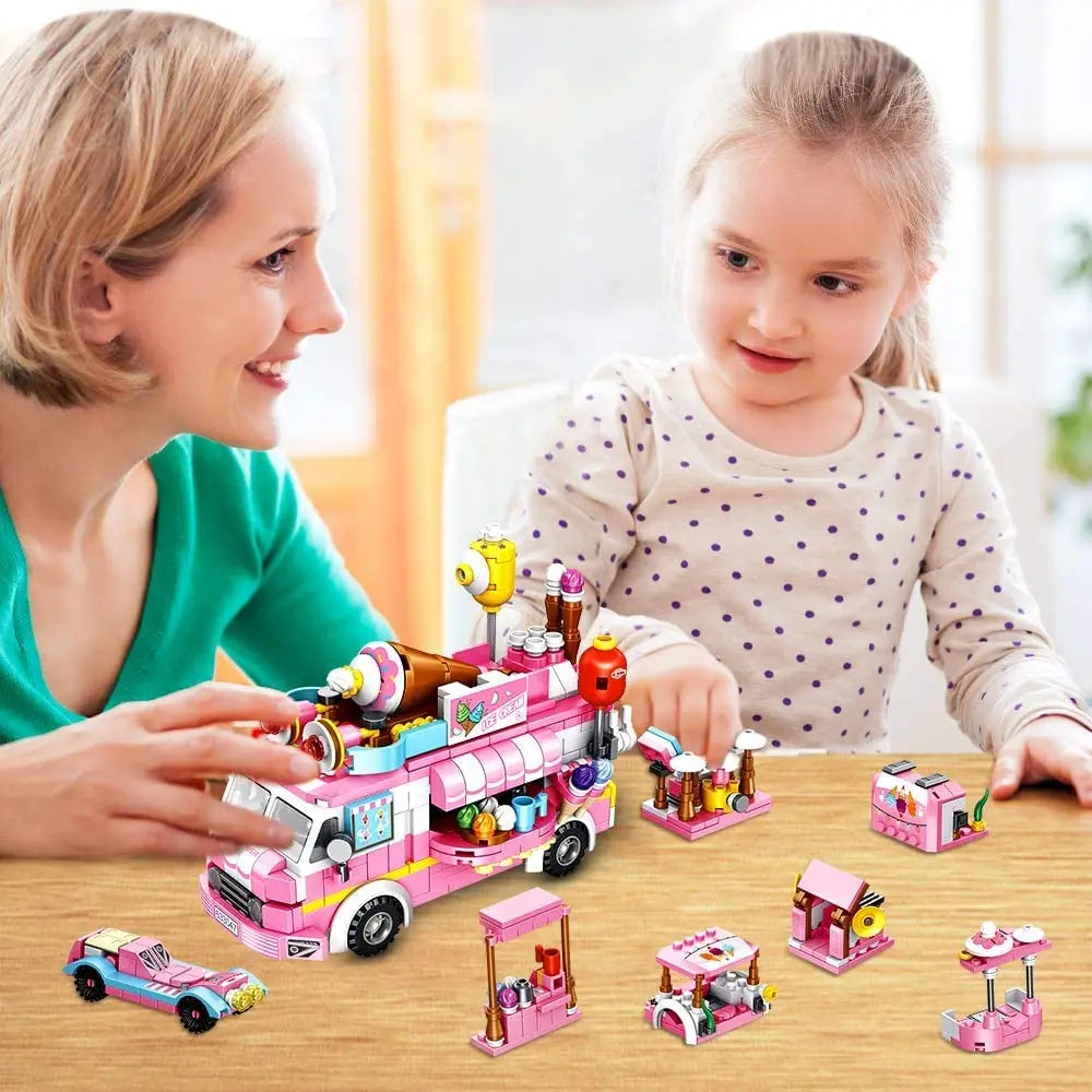 Pink Friendship Ice Cream Truck Street View Dining Car Mini Building Blocks Food Snacks Shop Bricks Toys Gift For Girls