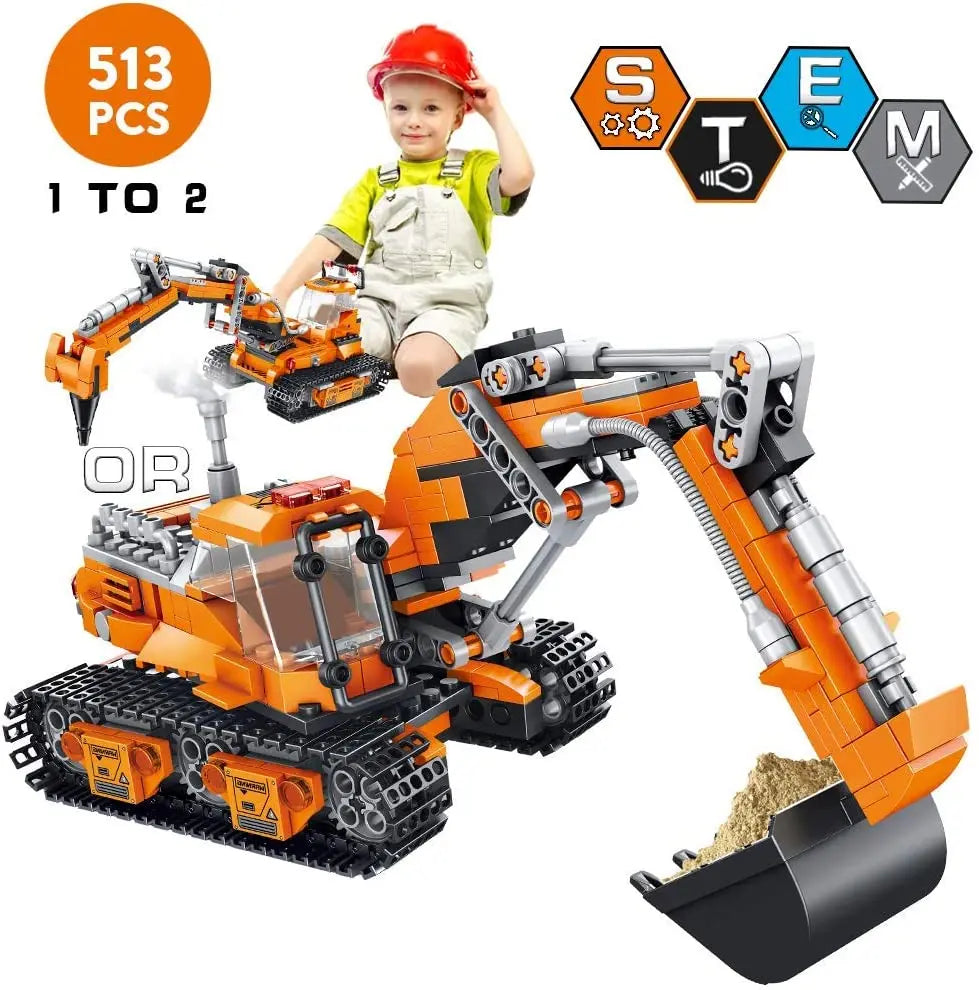 VATOS 2 in 1 Excavator or Drilling Car Building Block Toys Building Bricks Kit Excavator Toy for Kids