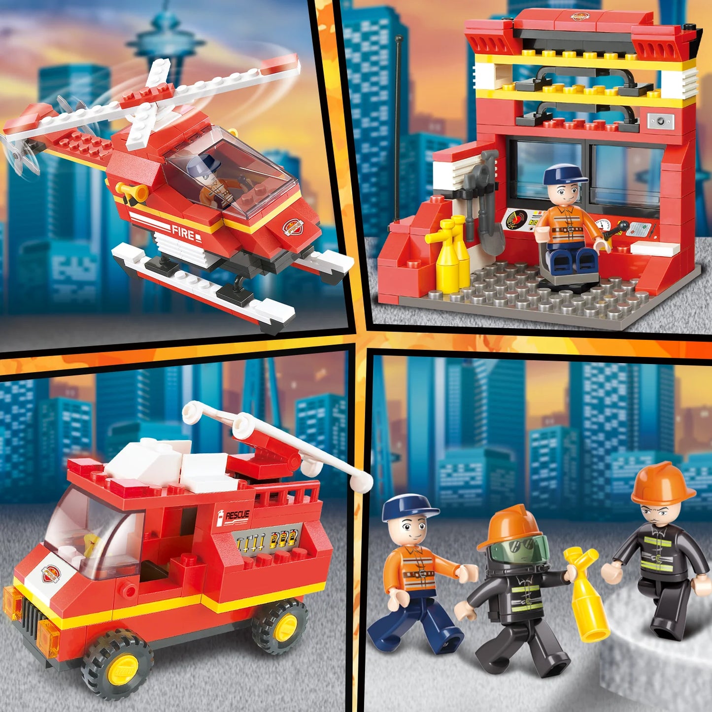 371PCS Fire Department Building Blocks City Fire Truck Rescue Helicopter Model Bricks Set With Mini Figures Kids DIY Toys Gifts