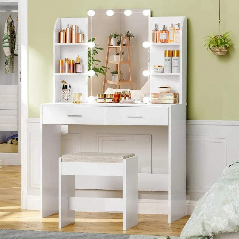 Vanity Desk with Mirror & Lights, Makeup Vanity Table with 2 Large Drawers, 6 Storage Shelves & Stool, Bedroom Dressing Vanity