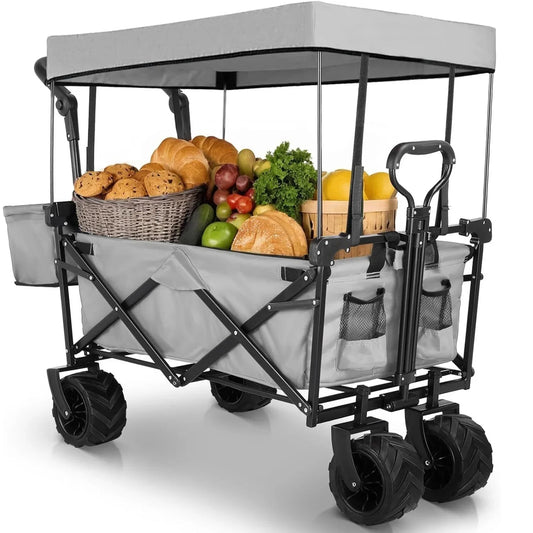 262L Collapsible Garden Cart Wagon with Removable Canopy, 115kg Capacity Push& Pull Utility Cart 600D Oxfort, Off-road wheel