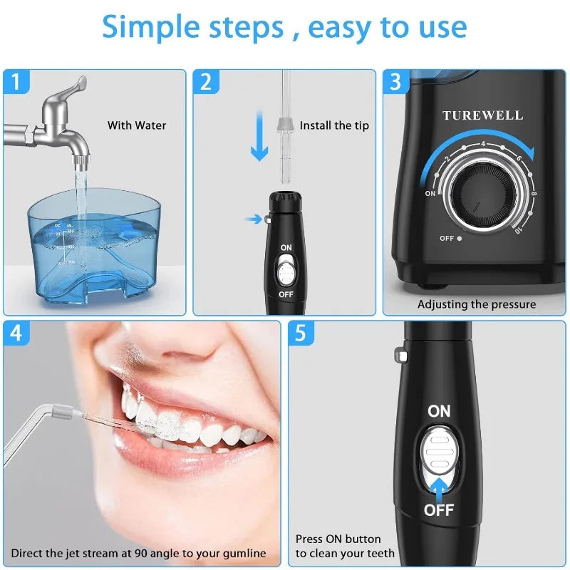 TUREWELL Water Dental Flosser for Teeth/Braces, Water Teeth Cleaner 8 Jet Tips and 10 Pressure Levels, 600ML Large Water Tank