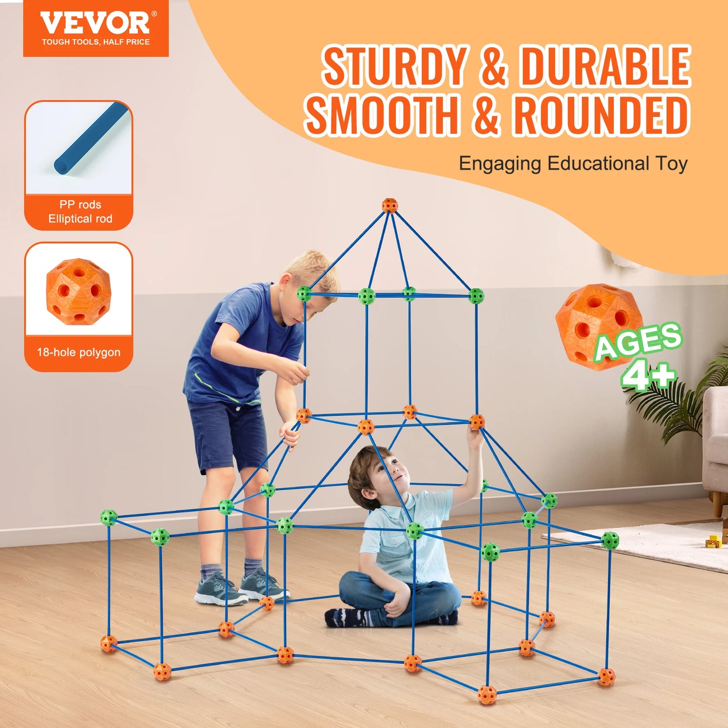 VEVOR Fort Building Blocks Kids Creative Indoor Play Tent Brick Kit with 80 Rods 40 Balls for DIY Educational Castle Toys Gift