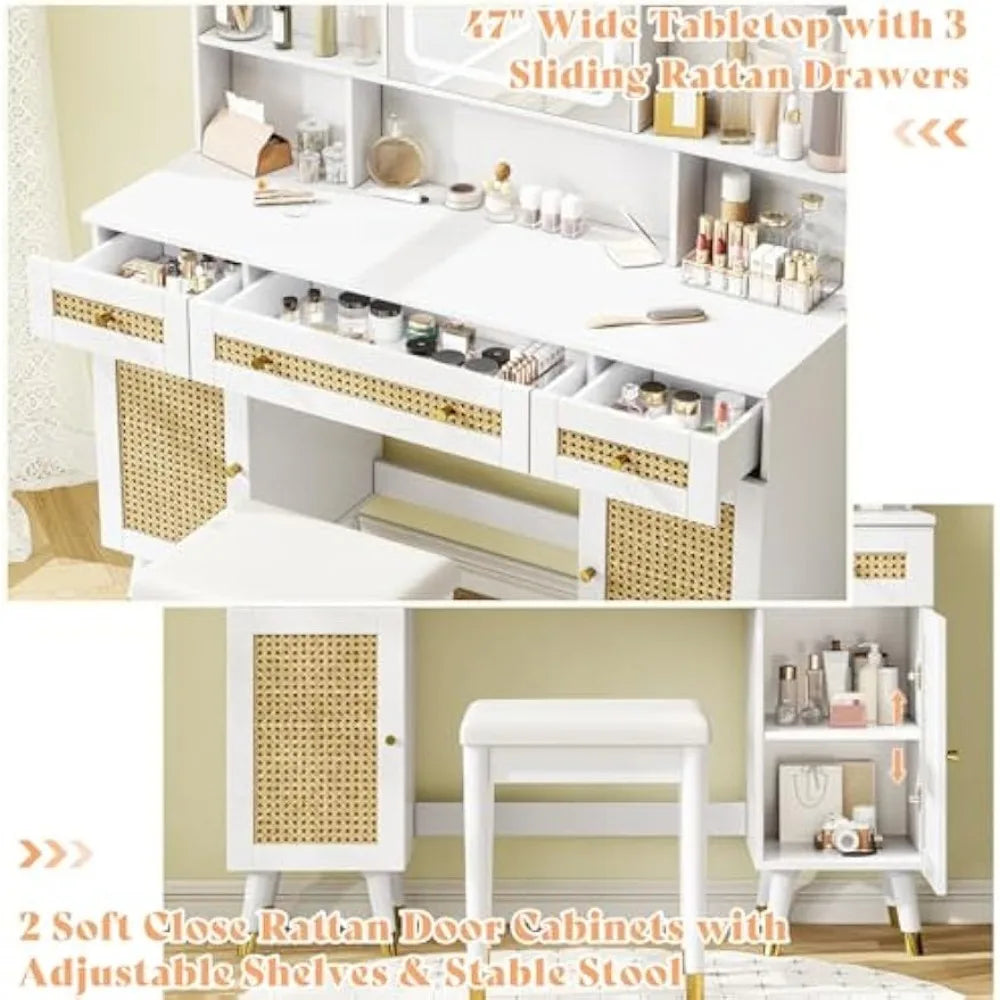 47in Rattan Makeup Vanity Desk with Mirror, Lights, Drawers & Shelves, Boho Vanity Set for Women, Bedroom, Stool Included