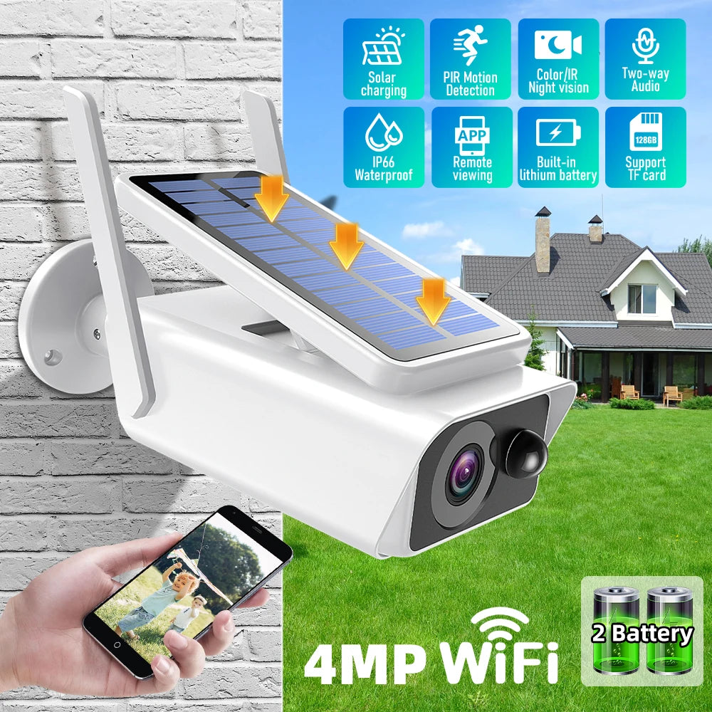 Solar Security Cameras Outdoor Smart Wireless Surveillance Camera 4MP 1080 HD Color Night Vision PIR Human Tracking Monitor