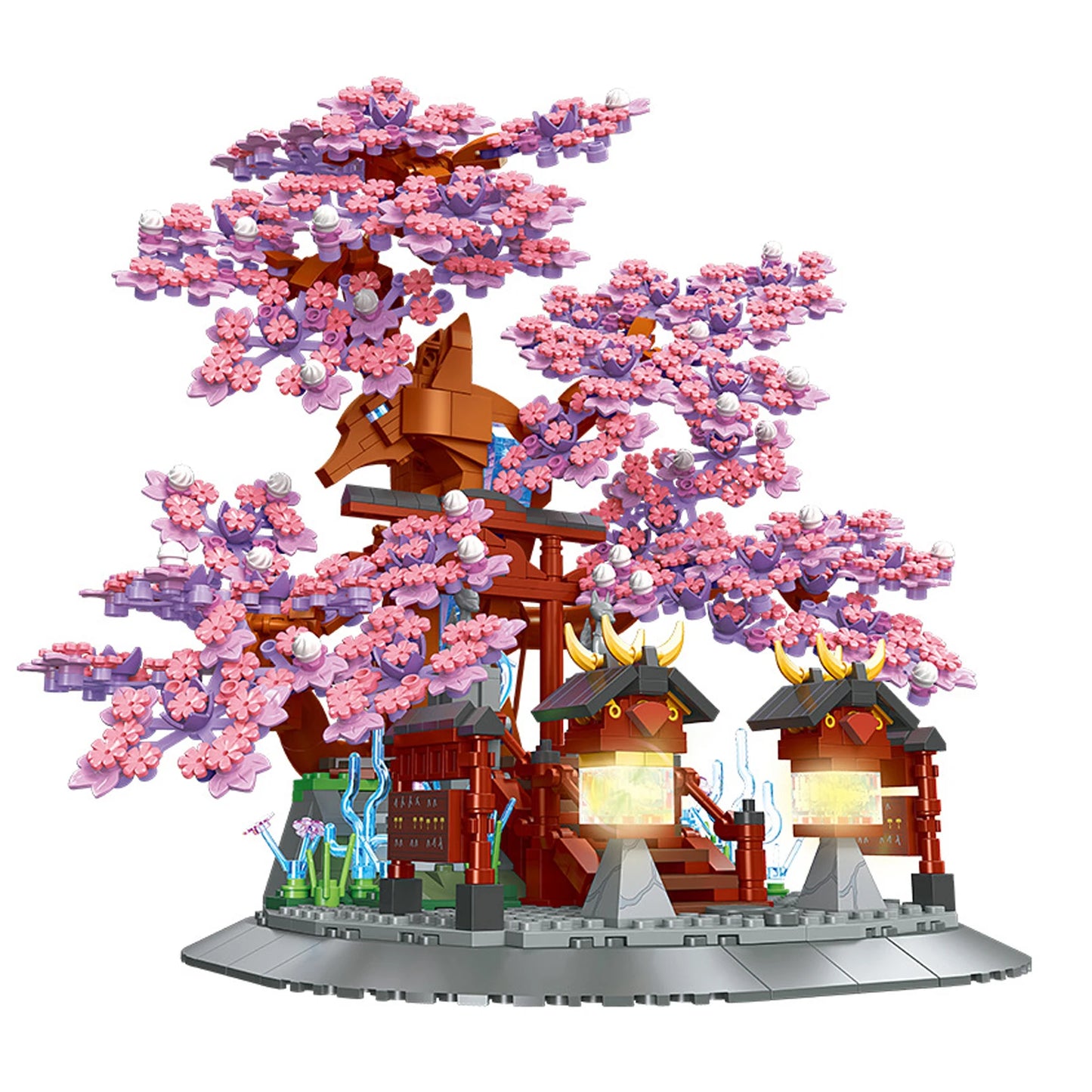 Sacred Sakura Tree Building Block Set, Cherry Blossoms and Play Scene, Sakura Temple Model Children's Home Decor Gift