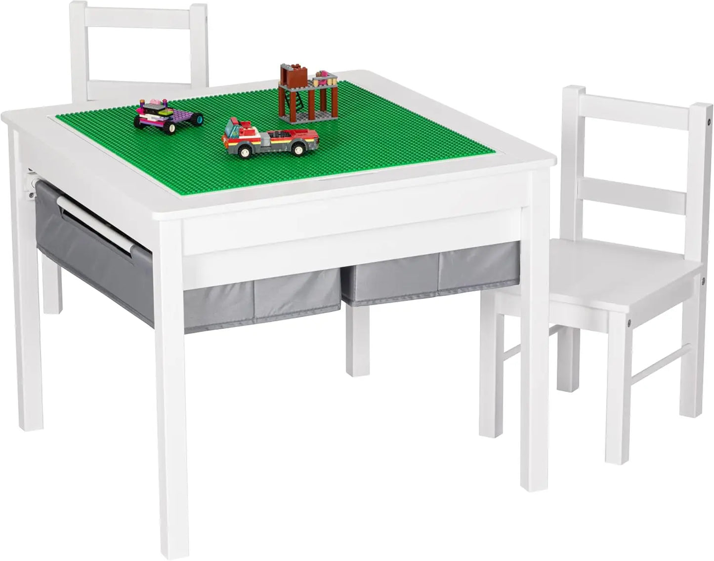 Wooden 2 in 1 Kids Construction Play Table and 2 Chairs Set with Storage Drawers, and Built in Plate Compatible with Lego a