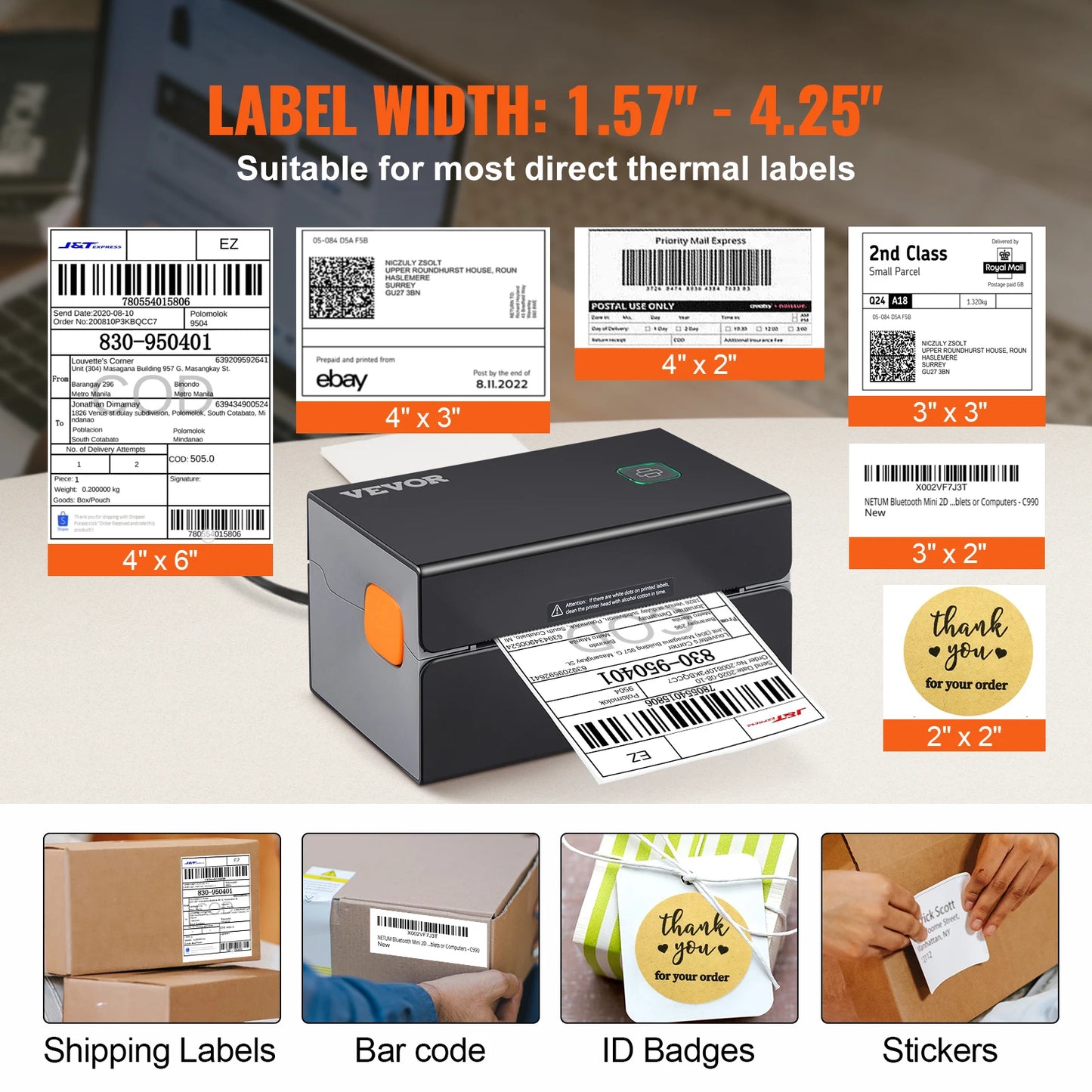 VEVOR Thermal Label Printer Portable Printer 300DPI for 4x6 Mailing Packages Printing w/ Bluetooth & Automatic Label Recognition