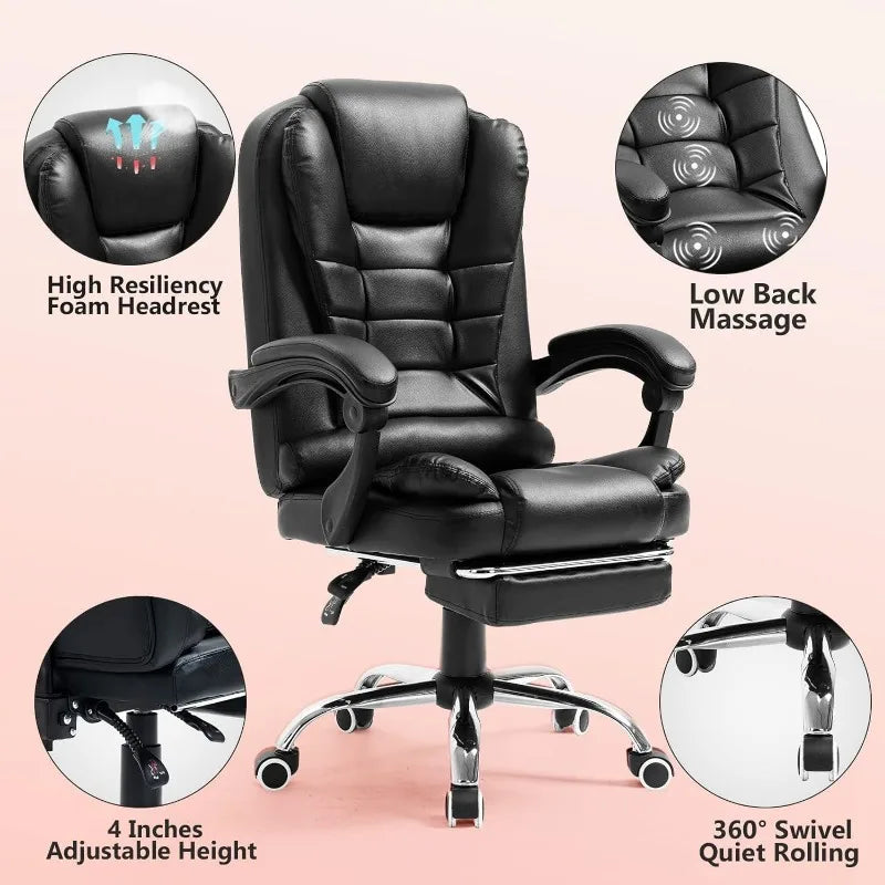 Vibration Massage  Reclining Office Chair,  w/Footrest, High-Back PU Leather Computer Desk Chairs