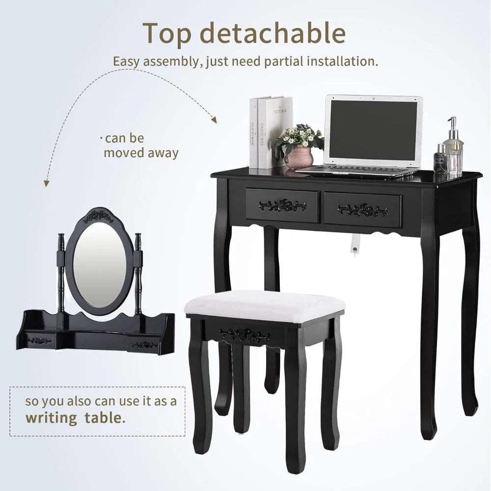 Vanity Table,Makeup Dressing Table with Oval Mirror,Bedroom Vanity Set w/Cushioned Stool 4 Drawers Women Girls Kids Black