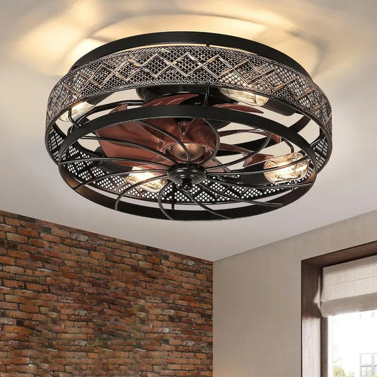 Low Profile Caged Ceiling Fans with Lights and Remote, Flush Mount Ceiling Fan with Light, Bedroom Fan