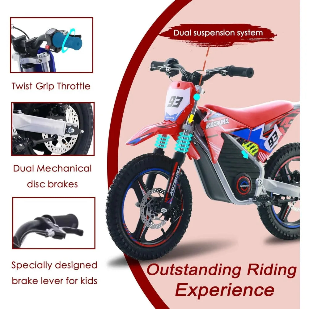 36V Electric Dirt Bike for Kids Aged 6-12, Brushless 350W Racing Grade Electric Motorcycle, Up to 18.6MPH & 3 Speed Settings