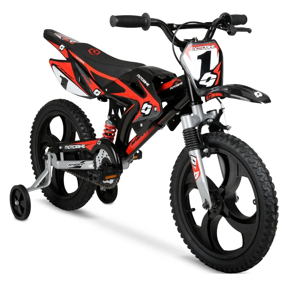 2024  New 16" Kids Unisex Moto Bike, Mag Wheels Including Training Wheels, Black/Red, Ages 5 To 7 Years